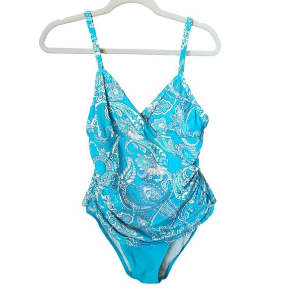 Lauren Ralph Lauren One-Piece Swimsuit 10 Bandana Paisley Aqua Blue Ruched V Nec - Picture 1 of 11